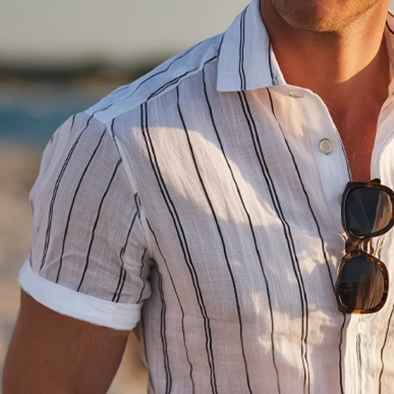 Men's Casual Vertical Striped Cotton Short Sleeve Shirt MTA0780G9U sold by Manly product image thumbnail 3