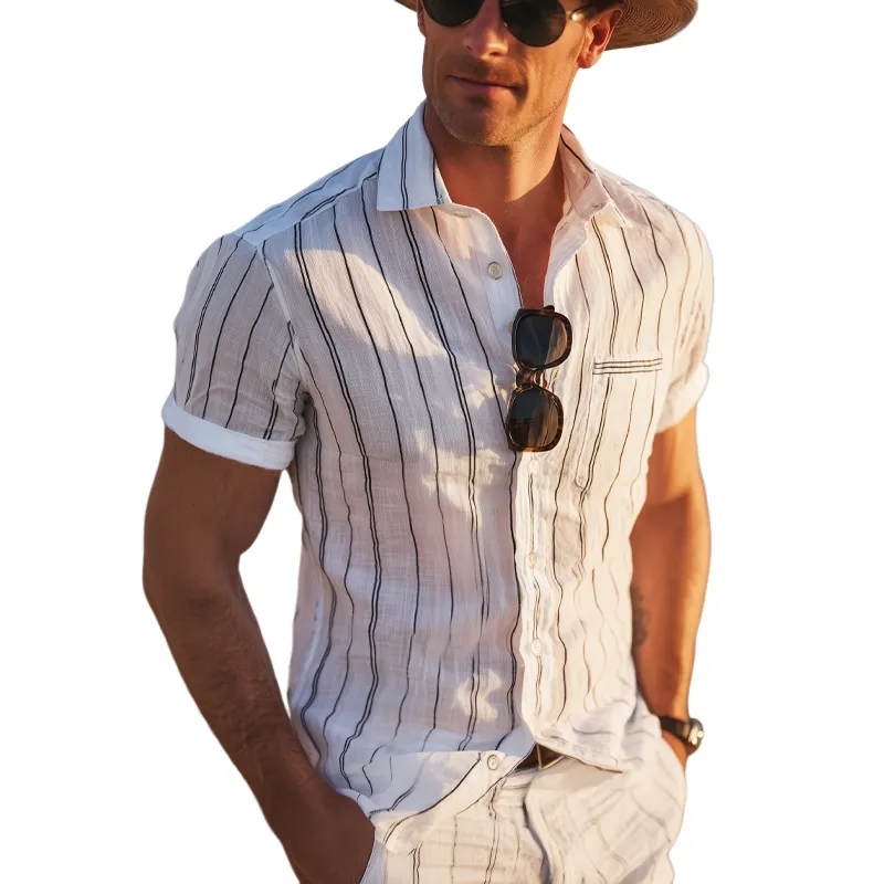 Men's Casual Vertical Striped Cotton Short Sleeve Shirt MTA0780G9U sold by Manly