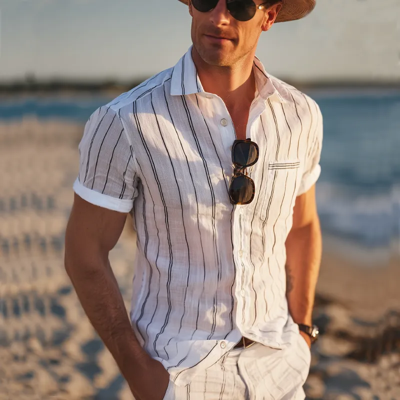 Men's Casual Vertical Striped Cotton Short Sleeve Shirt MTA0780G9U sold by Manly product image thumbnail 2