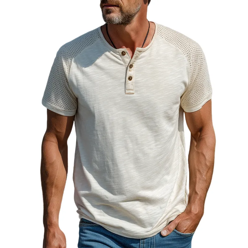 Men's Spring And Summer Fashion Casual Cotton Blended Shoulder Splicing Mesh Henley Collar Short Sleeve T-Shirt MTA0867G6K sold by Manly