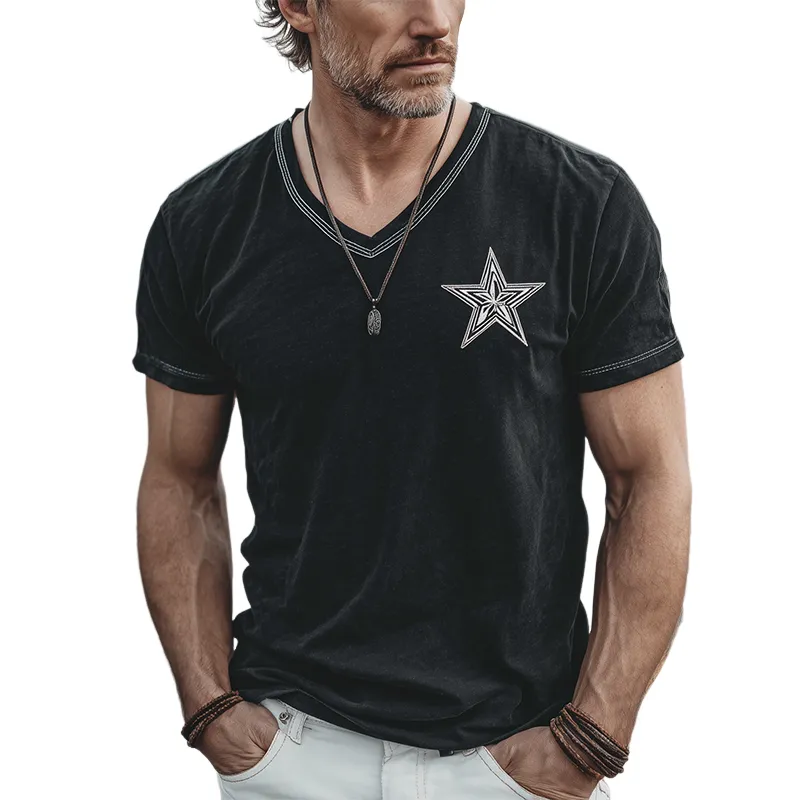 Men's Spring And Summer Casual Cotton Blended Print Slim Fit V-Neck Short Sleeve T-Shirt MTA0517G4K sold by Manly