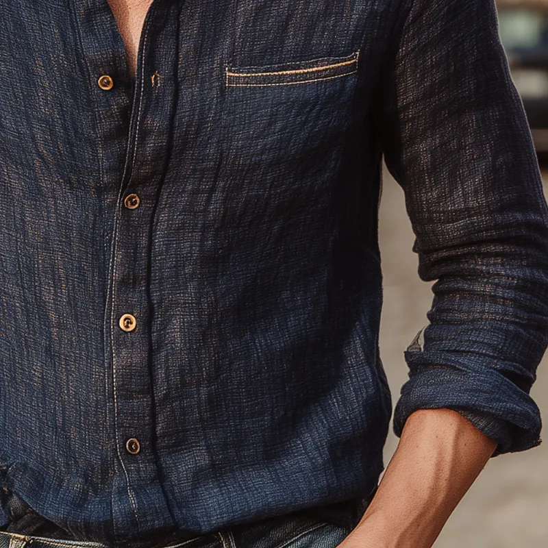 Men's Solid Color Cotton And Linen Lapel Long-sleeved Shirt MTA0817G3X sold by Manly product image thumbnail 3