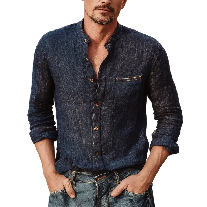 Men's Solid Color Cotton And Linen Lapel Long-sleeved Shirt MTA0817G3X sold by Manly