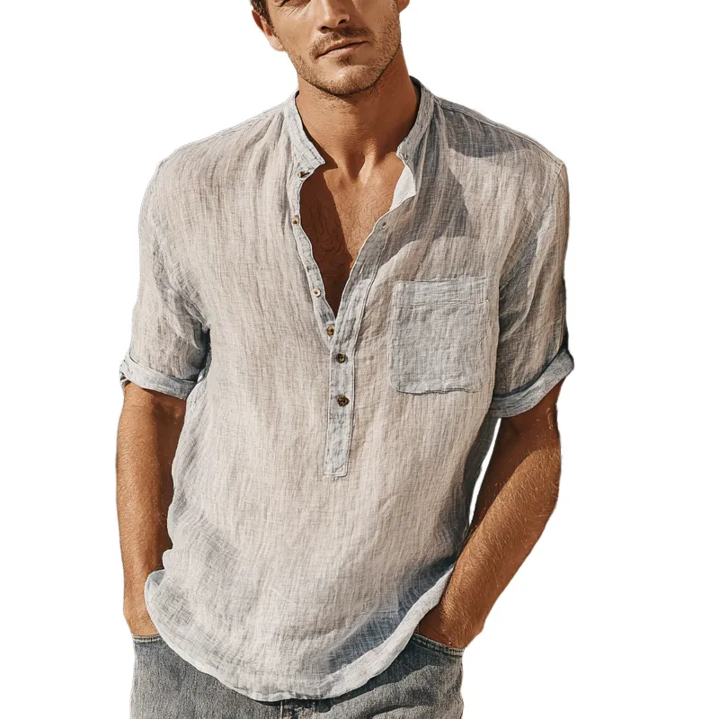 Men's Cotton And Linen Stand Collar Short-Sleeved Shirt MTA0881G8X sold by Manly