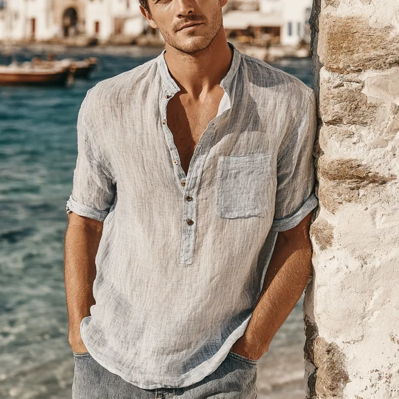 Men's Cotton And Linen Stand Collar Short-Sleeved Shirt MTA0881G8X sold by Manly product image thumbnail 2