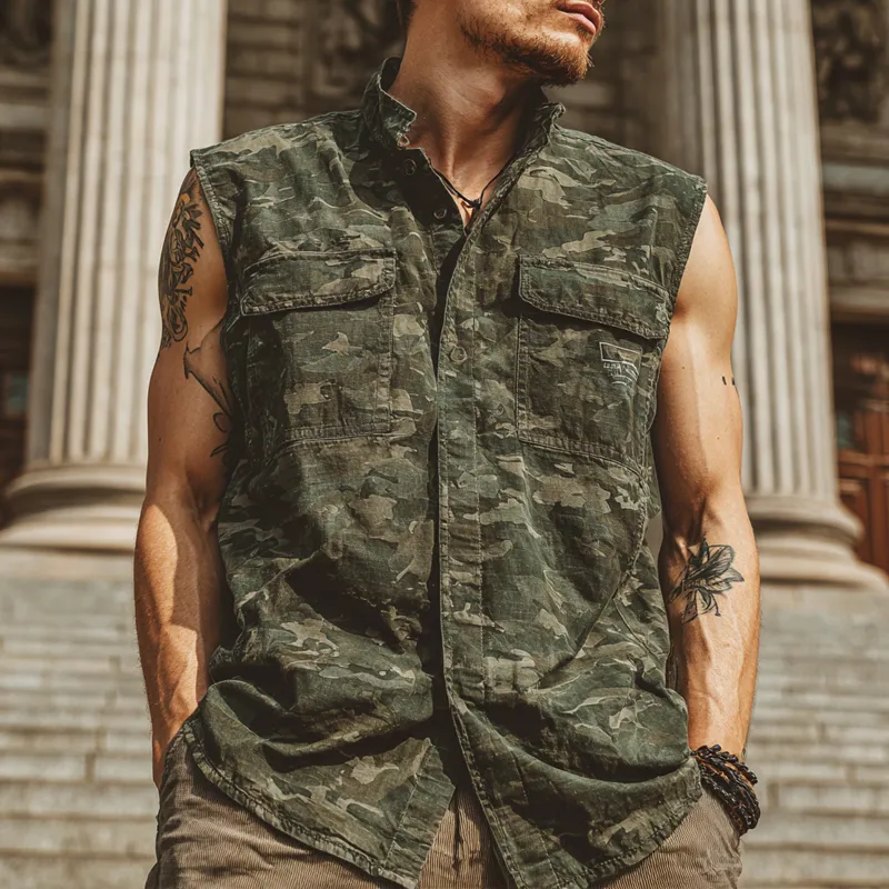 Men's Camouflage Print Sleeveless Lapel Shirt MTA0815G2X sold by Manly product image thumbnail 2