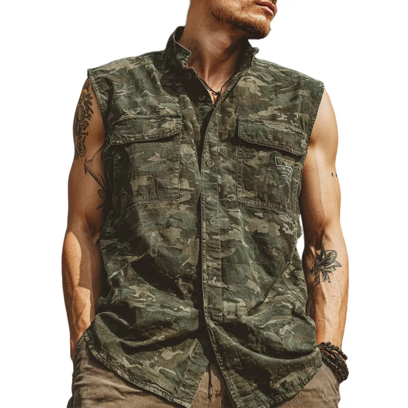 Men's Camouflage Print Sleeveless Lapel Shirt MTA0815G2X sold by Manly