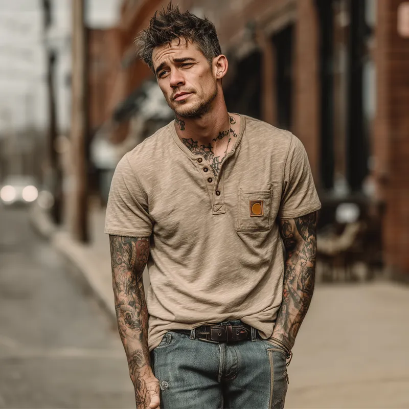 Men's Cotton Blend Henley Neck Short Sleeve T-Shirt MTA0732G9X sold by Manly product image thumbnail 4