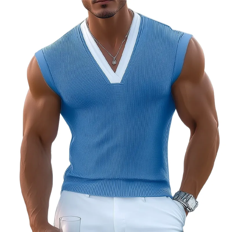 Men's Knitted Contrast Color V-Neck Sleeveless Tank Top MTA0538G9X sold by Manly