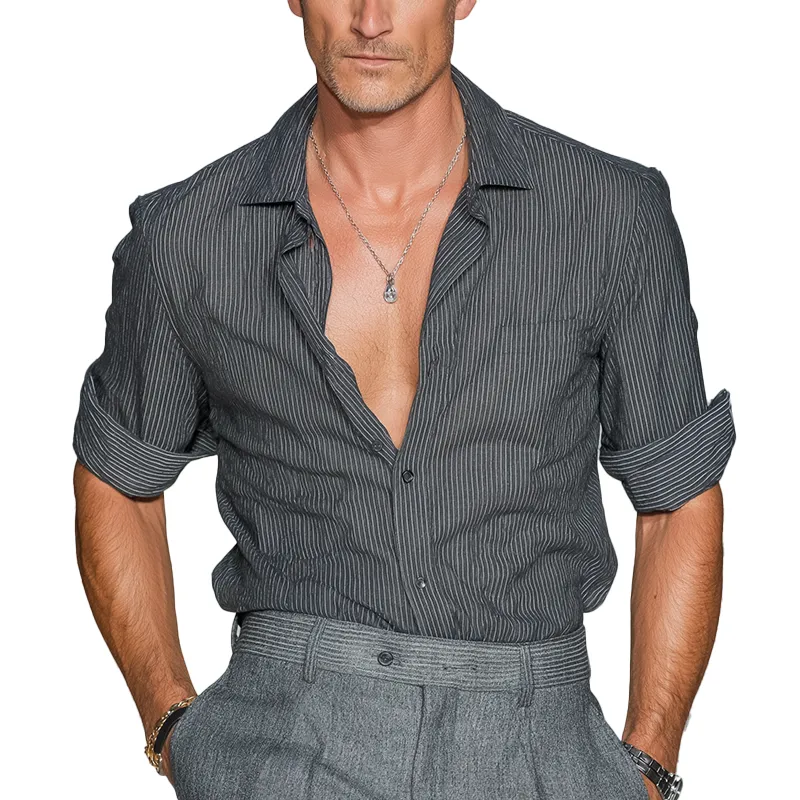 Men's Summer Fashion Vertical Striped Long Sleeve Shirt MTA0837G9P sold by Manly