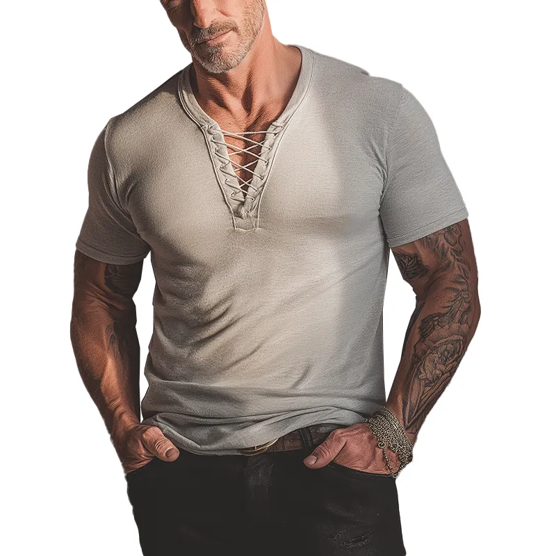 Men's Summer Fashion Lace-up Neck Collar Short Sleeve T-Shirt MTA0842G5P sold by Manly
