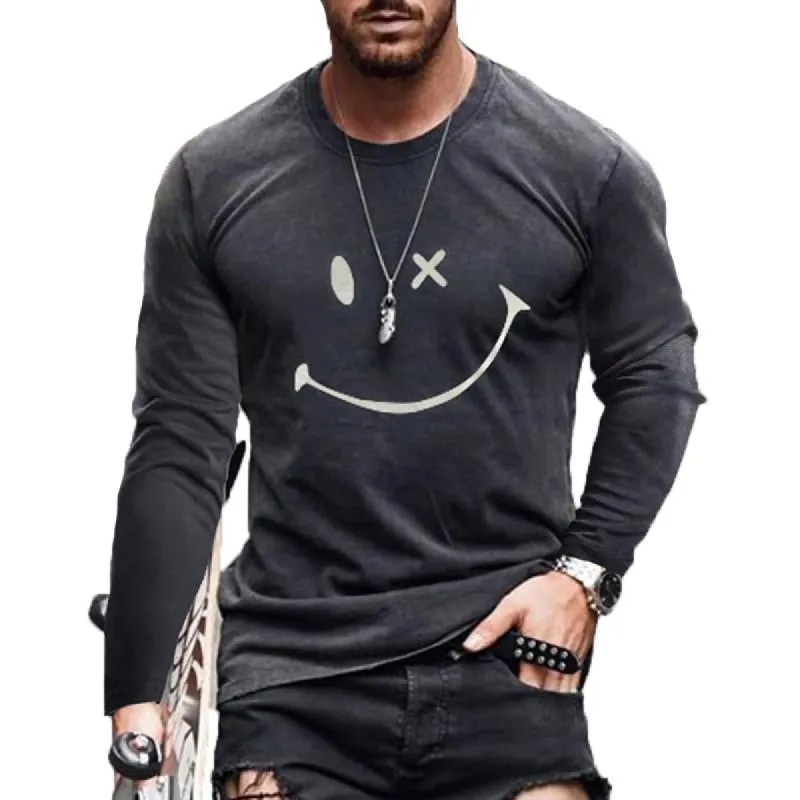 Men's Casual Smiley Printed Round Neck Long Sleeve T-Shirt 35598870Y sold by Manly