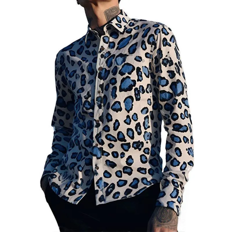 Men's Vintage Leopard Print Lapel Long Sleeve Shirt 20567988M sold by Manly