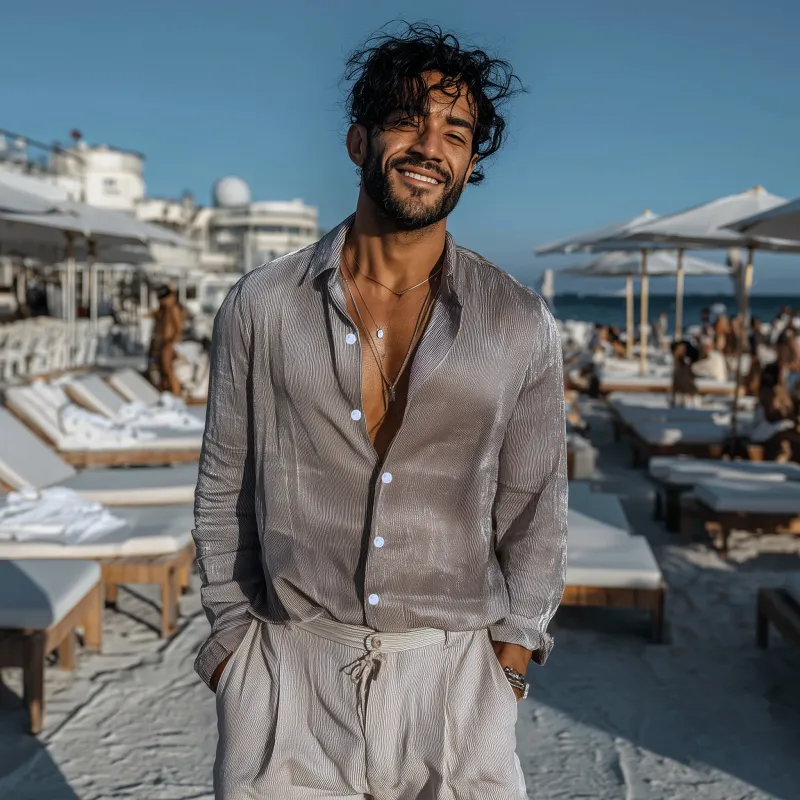 Men's Casual Breathable Cotton Blended Ribbed Lapel Loose Long-sleeved Shirt MTA1124G4M sold by Manly product image thumbnail 3