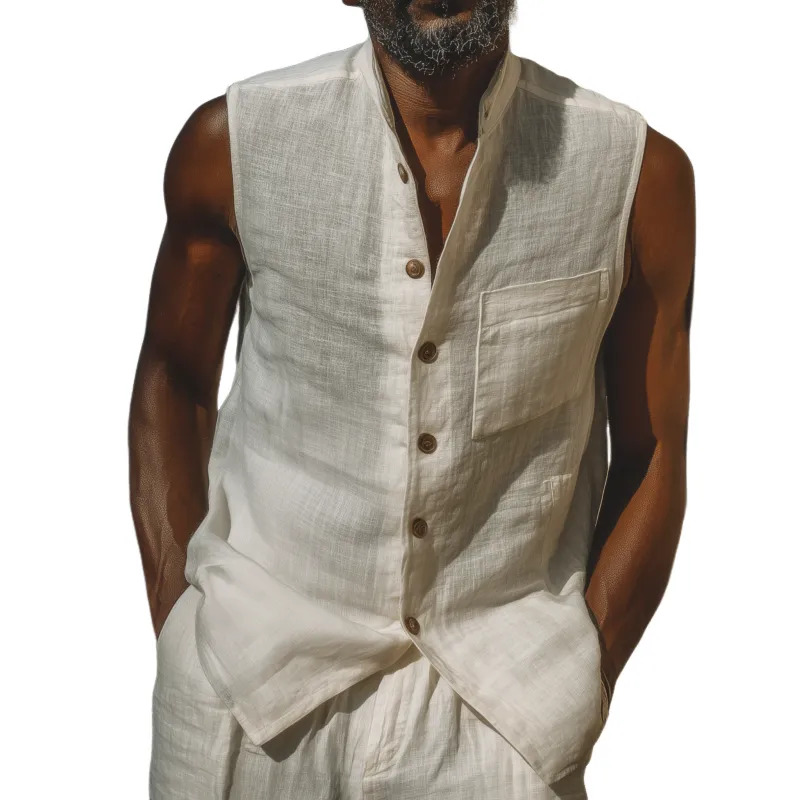 Men's Casual Solid Color Breathable Cotton Linen Stand-up Collar Patch Pocket Slim Sleeveless Shirt MTA1185G2M sold by Manly