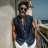 Men's Casual Solid Color Breathable Cotton Linen Stand-up Collar Patch Pocket Slim Sleeveless Shirt MTA1122G2M sold by Manly