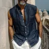 Men's Casual Solid Color Breathable Cotton Linen Stand-up Collar Patch Pocket Slim Sleeveless Shirt MTA1122G2M sold by Manly