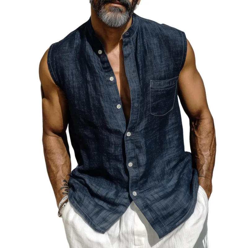 Men's Casual Solid Color Breathable Cotton Linen Stand-up Collar Patch Pocket Slim Sleeveless Shirt MTA1122G2M sold by Manly