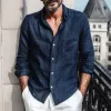 Men's Casual Breathable Solid Color Cotton Linen Lapel Patch Pocket Slim Fit Long Sleeve Shirt MTA1170G2M sold by Manly