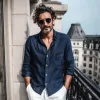 Men's Casual Breathable Solid Color Cotton Linen Lapel Patch Pocket Slim Fit Long Sleeve Shirt MTA1170G2M sold by Manly