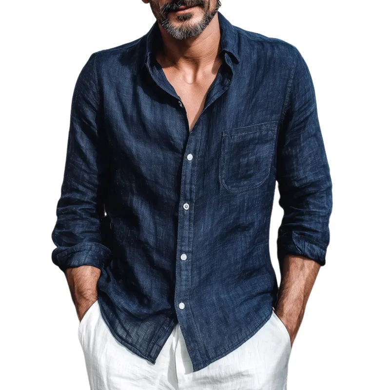 Men's Casual Breathable Solid Color Cotton Linen Lapel Patch Pocket Slim Fit Long Sleeve Shirt MTA1170G2M sold by Manly