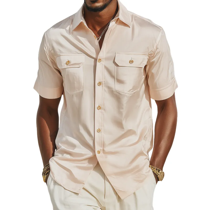 Men's Vintage Elegant Solid Satin Lapel Chest Pocket Slim Fit Short Sleeve Shirt MTA1134G8M sold by Manly