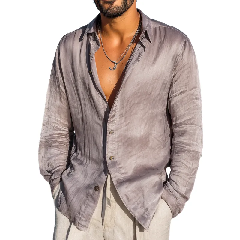 Men's Casual Breathable Solid Color Tencel Blended Lapel Loose Long Sleeve Shirt MTA1132G7M sold by Manly