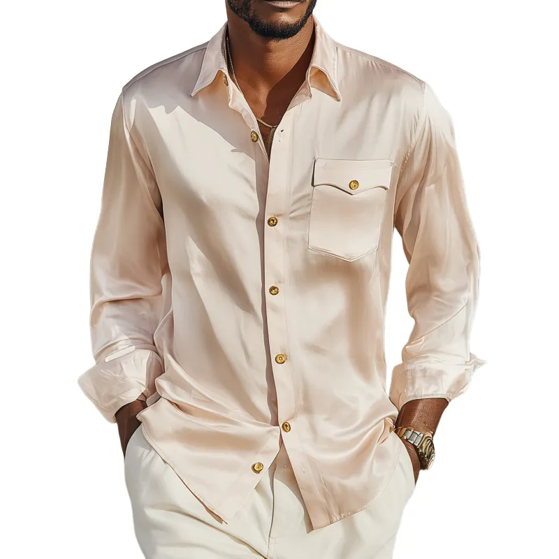 Men's Vintage Elegant Solid Satin Lapel Chest Pocket Slim Fit Long Sleeve Shirt MTA1169G3M sold by Manly