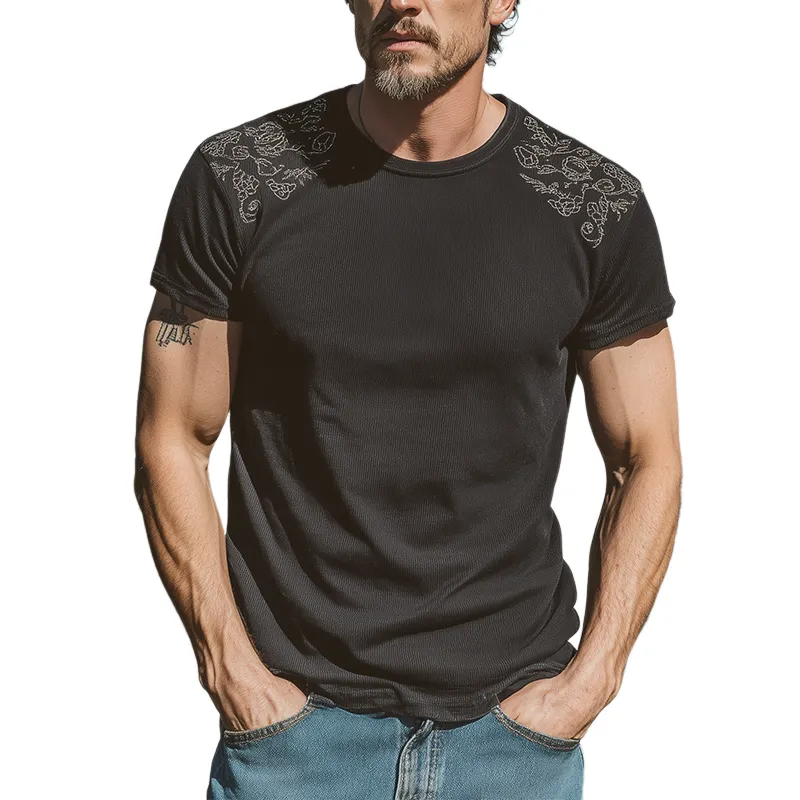 Men's Spring And Summer Fashion Casual Shoulder Embroidery Cotton Blended Ribbed Texture Slim Round Neck Short-sleeved T-shirt MTA1103G8K sold by Manly