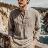 Men's Spring And Summer Classic Casual Henley Collar Cotton And Linen Loose Long Sleeve T-Shirt MTA1127G0K sold by Manly