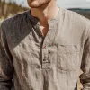 Men's Spring And Summer Classic Casual Henley Collar Cotton And Linen Loose Long Sleeve T-Shirt MTA1127G0K sold by Manly
