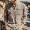 Men's Spring And Summer Classic Casual Henley Collar Cotton And Linen Loose Long Sleeve T-Shirt MTA1127G0K sold by Manly