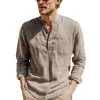 Men's Spring And Summer Classic Casual Henley Collar Cotton And Linen Loose Long Sleeve T-Shirt MTA1127G0K sold by Manly