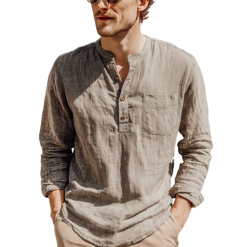 Men's Spring And Summer Classic Casual Henley Collar Cotton And Linen Loose Long Sleeve T-Shirt MTA1127G0K sold by Manly