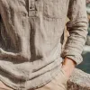 Men's Spring And Summer Classic Casual Henley Collar Cotton And Linen Loose Long Sleeve T-Shirt MTA1127G0K sold by Manly