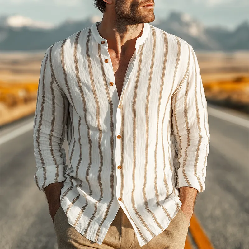Men's Spring And Summer Classic Casual Stand-up Collar Tencel Cotton Blend Vertical Striped Long-sleeved Shirt MTA1164G9K sold by Manly product image thumbnail 2