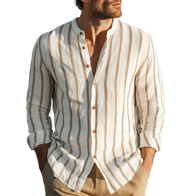 Men's Spring And Summer Classic Casual Stand-up Collar Tencel Cotton Blend Vertical Striped Long-sleeved Shirt MTA1164G9K sold by Manly