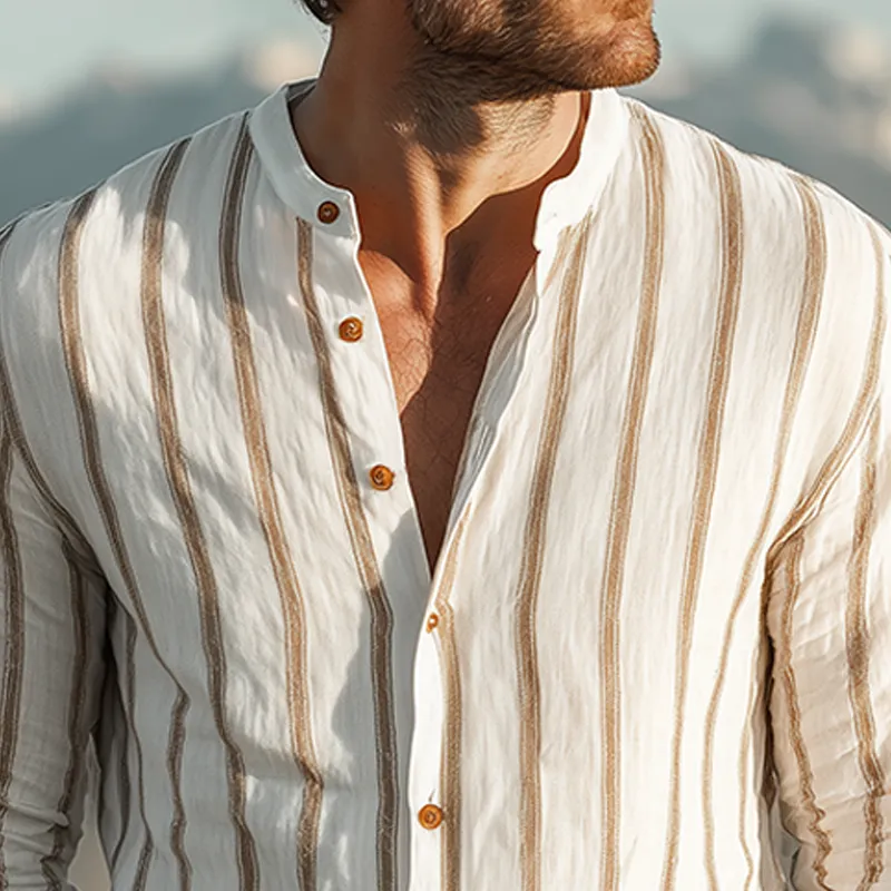 Men's Spring And Summer Classic Casual Stand-up Collar Tencel Cotton Blend Vertical Striped Long-sleeved Shirt MTA1164G9K sold by Manly product image thumbnail 4