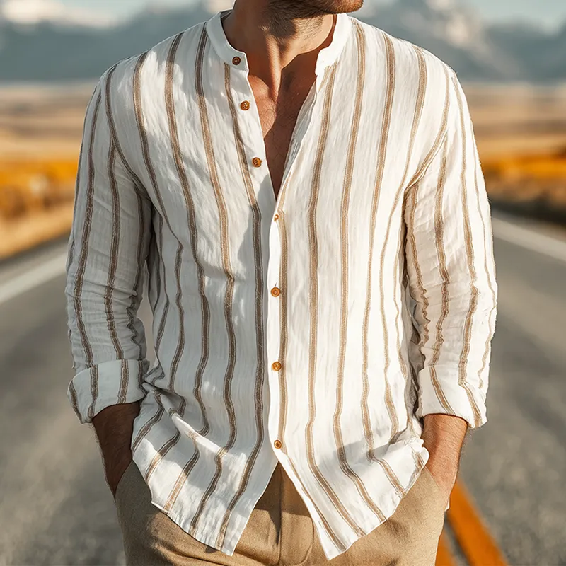 Men's Spring And Summer Classic Casual Stand-up Collar Tencel Cotton Blend Vertical Striped Long-sleeved Shirt MTA1164G9K sold by Manly product image thumbnail 3