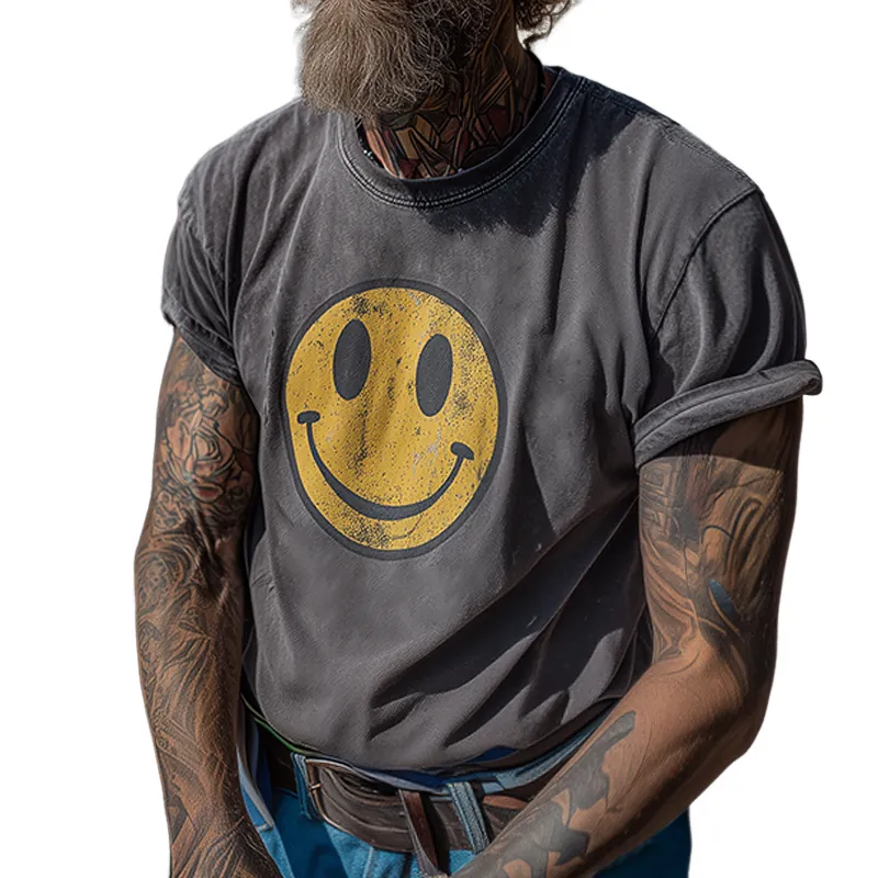 Men's Retro Casual Smiley Face Printed Motorcycle Round Neck Short Sleeve T-Shirt MTA1183G5TO sold by Manly
