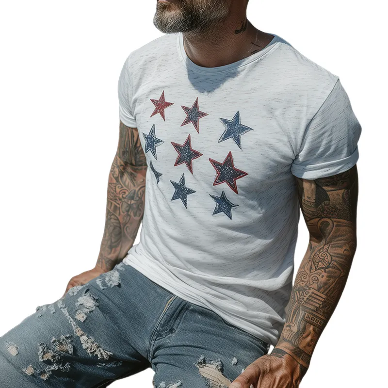 Men's Retro Casual Star Printed Round Neck Short Sleeve T-Shirt MTA1199G1TO sold by Manly