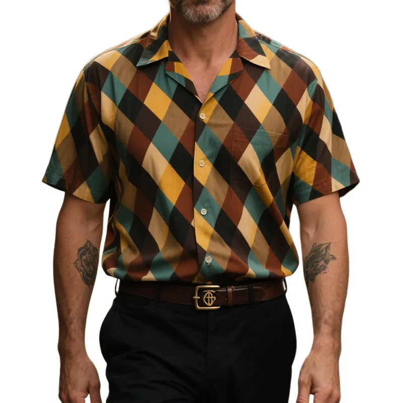Men's Retro Casual Plaid Print Lapel Short Sleeve Shirt MTA1057G4TO sold by Manly