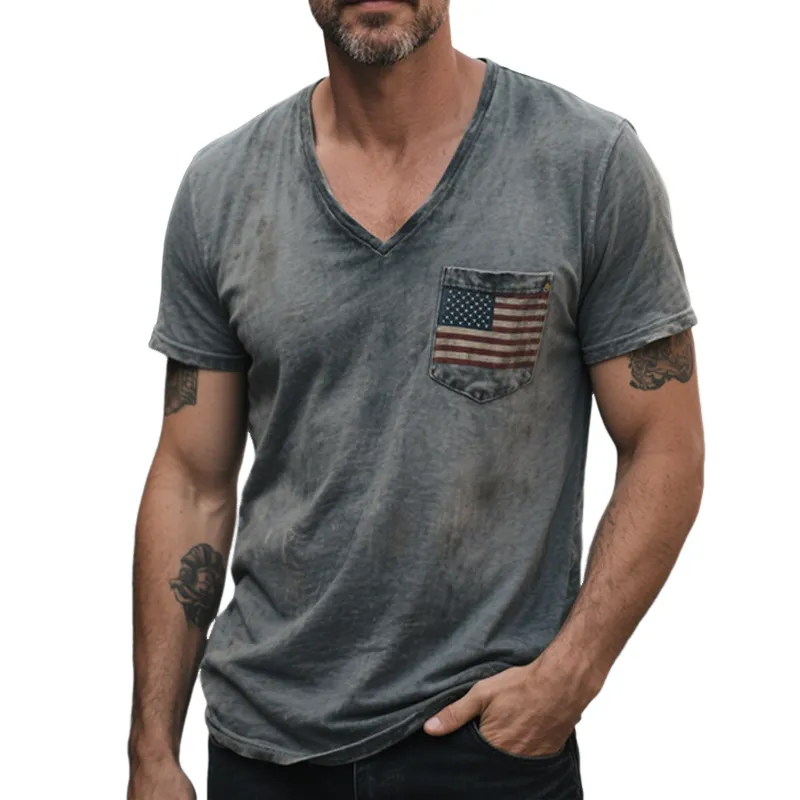 Men's Retro Casual Flag Print V-Neck Short Sleeve T-Shirt MTA1064G1TO sold by Manly