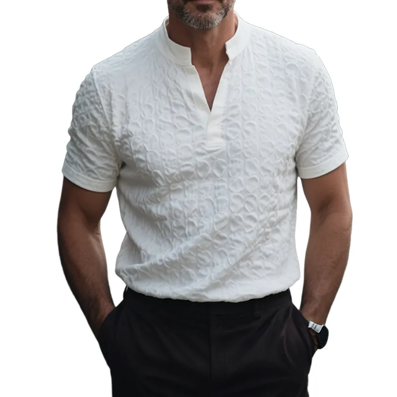 Men's Retro Casual Solid Color Bubble Crepe Stand Collar Short Sleeve Shirt MTA0805G7TO sold by Manly