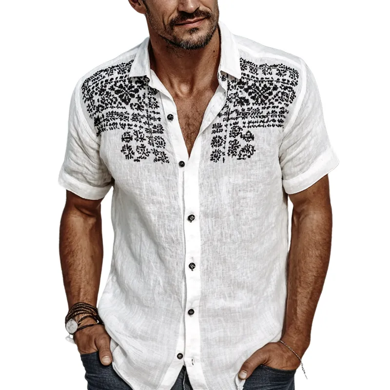 Men's Ethnic Style Printed Lapel Short Sleeve Casual Shirt MTA1195G5Z sold by Manly