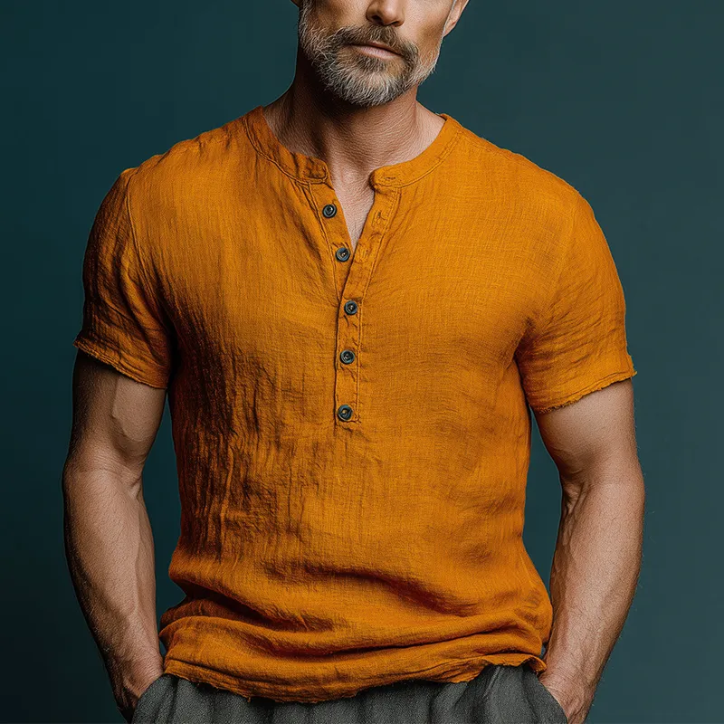 Men's Summer Retro Solid Slub Linen Short Sleeve Shirt MTA1105G4P sold by Manly product image thumbnail 2