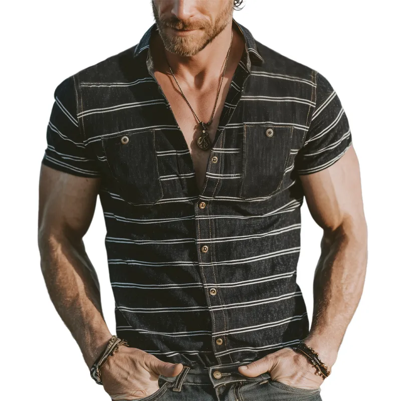 Men's Summer Classic Striped Lapel Short Sleeve Shirt MTA1142G4U sold by Manly