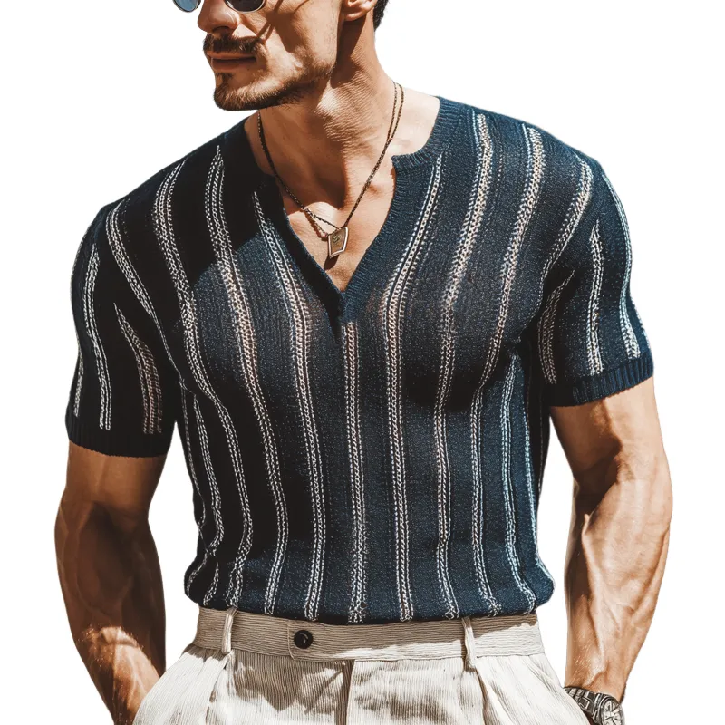 Men's Summer Vertical Striped V-Neck Knitted Short-Sleeved T-Shirt MTA0919G6U sold by Manly