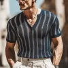 Men's Summer Vertical Striped V-Neck Knitted Short-Sleeved T-Shirt MTA0919G6U sold by Manly