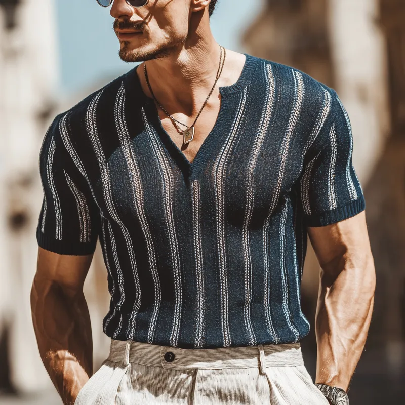 Men's Summer Vertical Striped V-Neck Knitted Short-Sleeved T-Shirt MTA0919G6U sold by Manly product image thumbnail 2